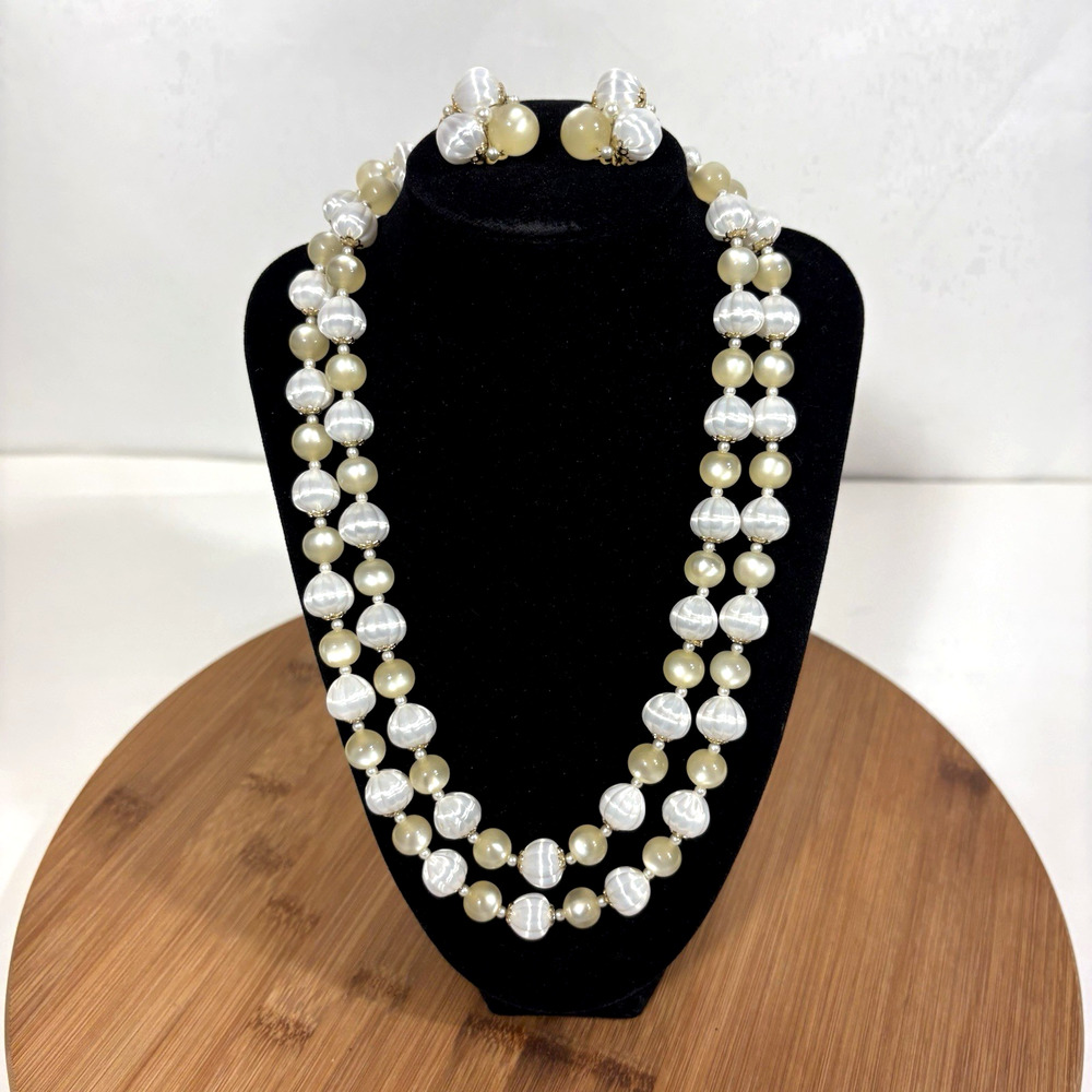 White Satin Bead Necklace Earrings Set Double Strand Vintage Faux Pearl MCM